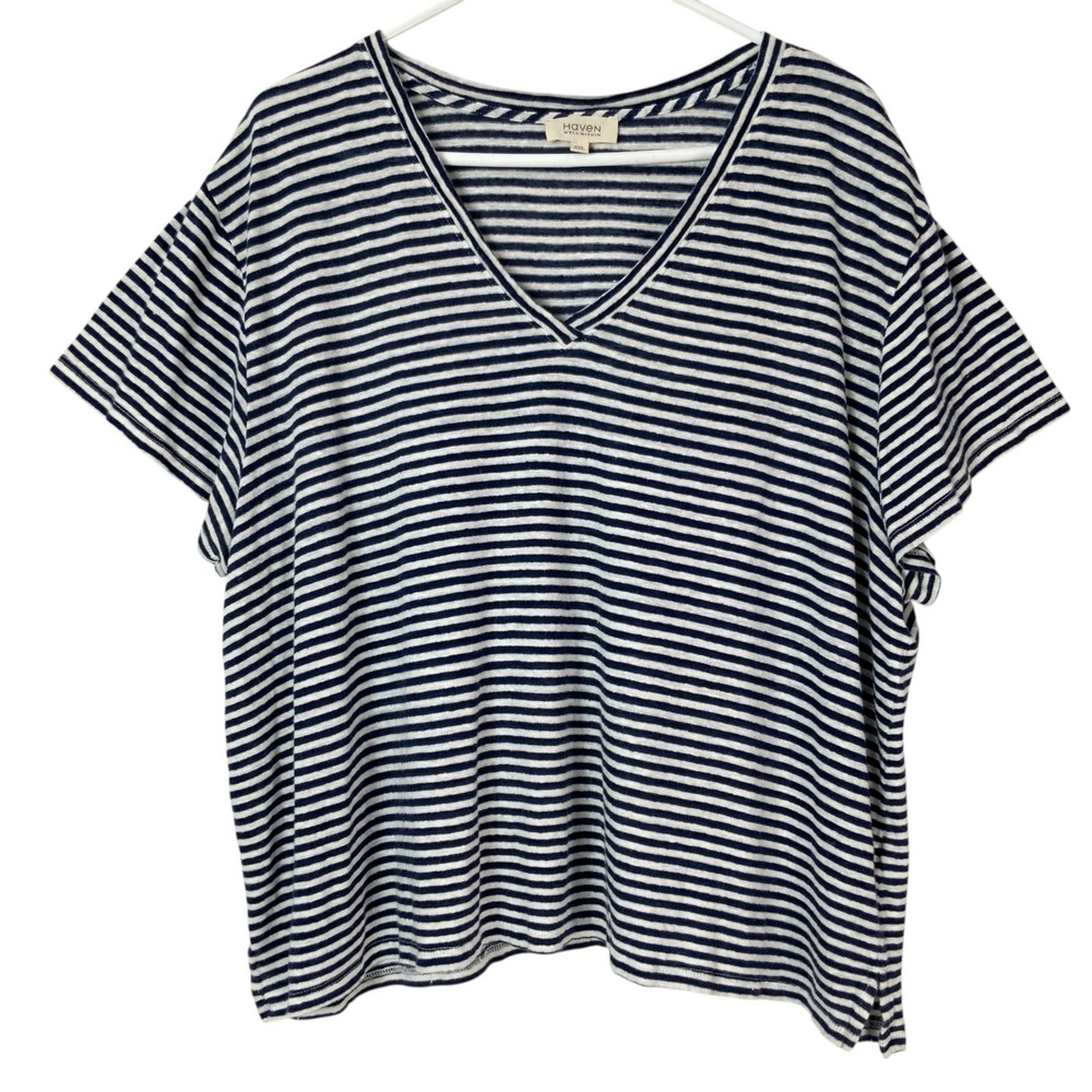 Haven Well Within Linen Striped V-Neck Short Sleeve Boxy T-Shirt Navy White XXL